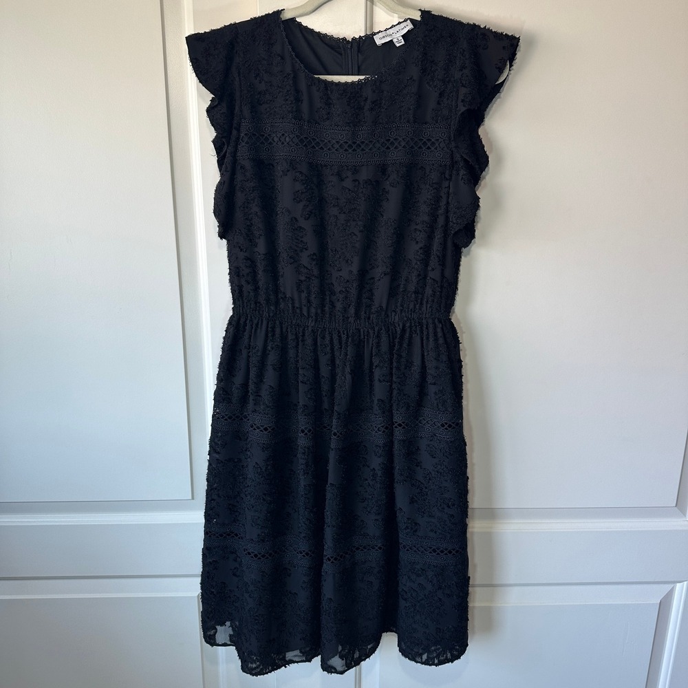 Gibson Latimer Black Floral Lace Ruffle Sleeve Dress Eyelet Fit & Flare Womens S